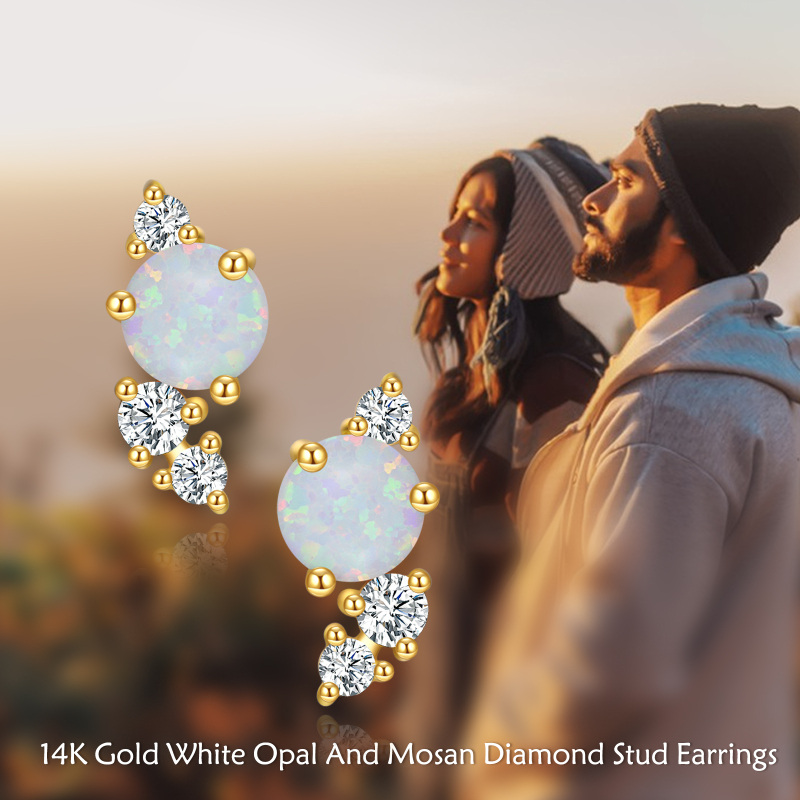 Brincos de pino de opala com zircónias cúbicas em ouro 10K-5