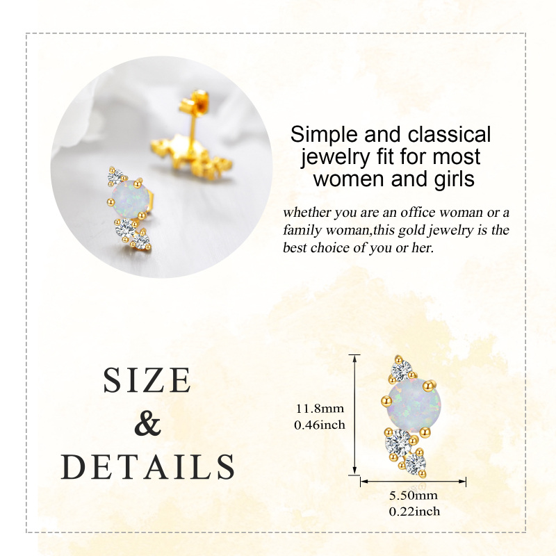 Brincos de pino de opala com zircónias cúbicas em ouro 10K-6