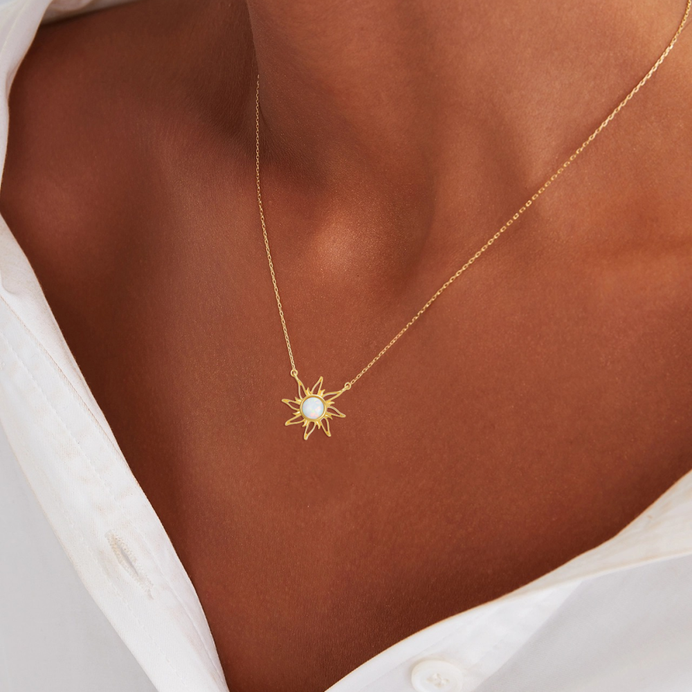 10K Gold Opal Sun Pendant Necklace-2
