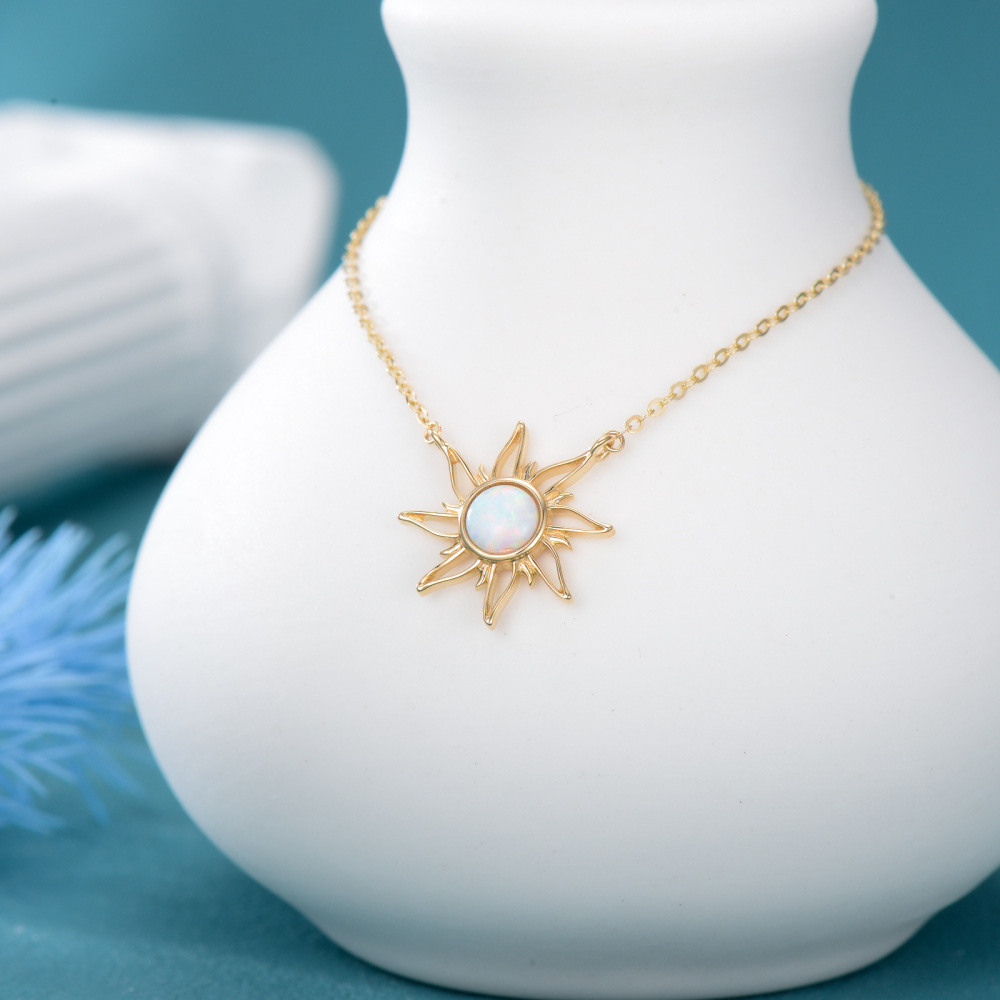 10K Gold Opal Sun Pendant Necklace-4