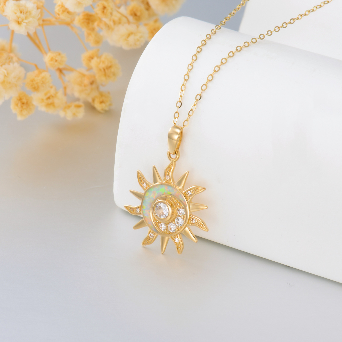 14K Gold Opal Sun Pendant Necklace-3