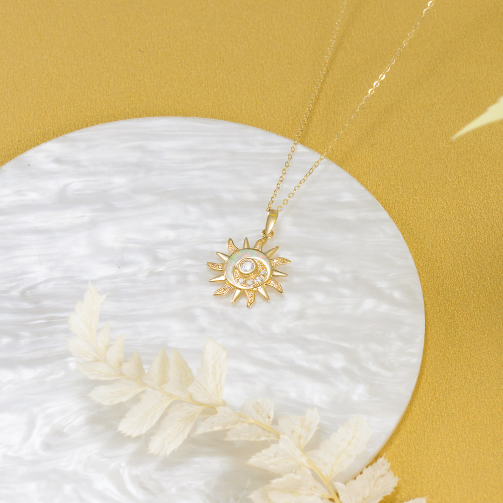 10K Gold Opal Sun Pendant Necklace-4