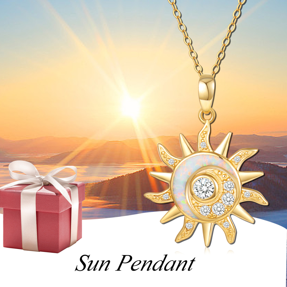 14K Gold Opal Sun Pendant Necklace-6