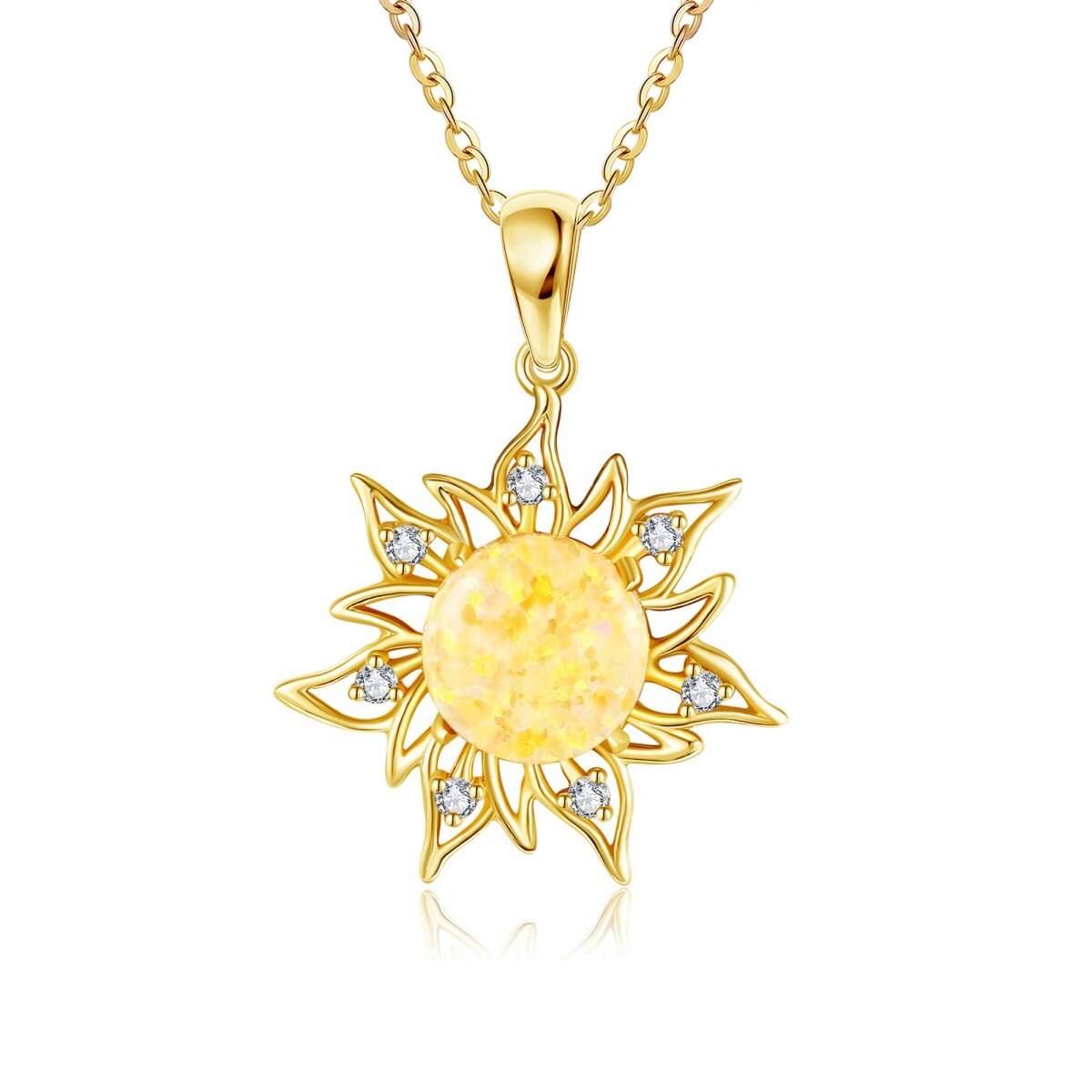 14K Gold Opal Sun Pendant With Cubic Zirconia Necklace-1