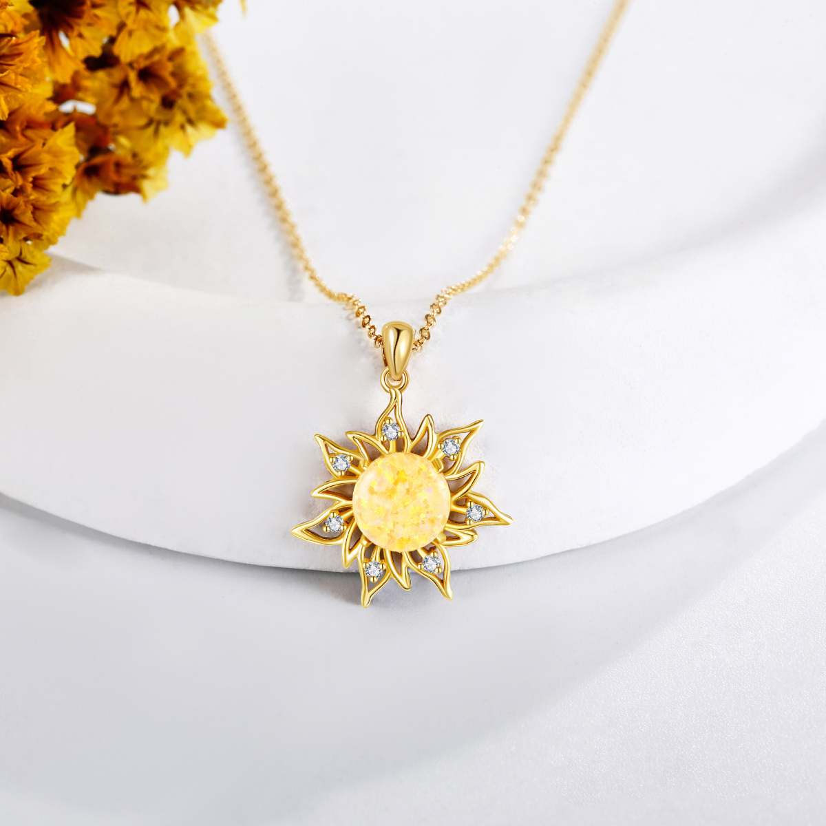 14K Gold Opal Sun Pendant With Cubic Zirconia Necklace-3