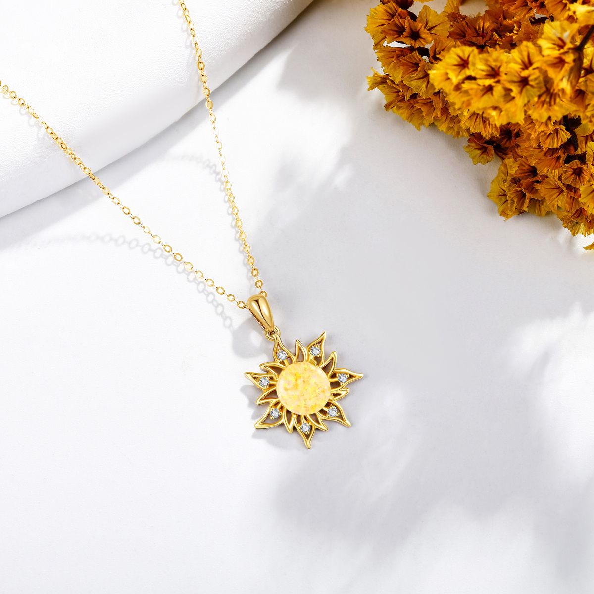 14K Gold Opal Sun Pendant With Cubic Zirconia Necklace-4