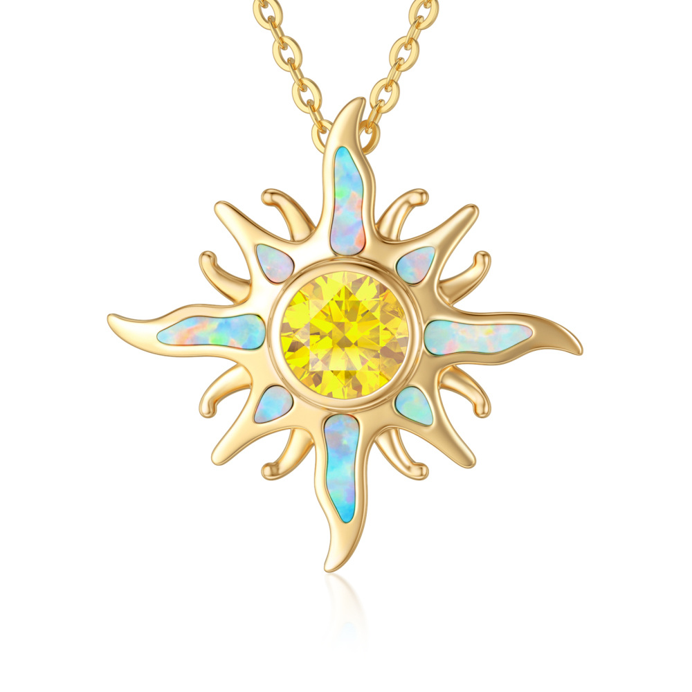 10K Gold Cubic Zirconia & Opal Sun Pendant Necklace-1