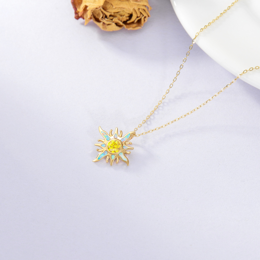 10K Gold Cubic Zirconia & Opal Sun Pendant Necklace-3