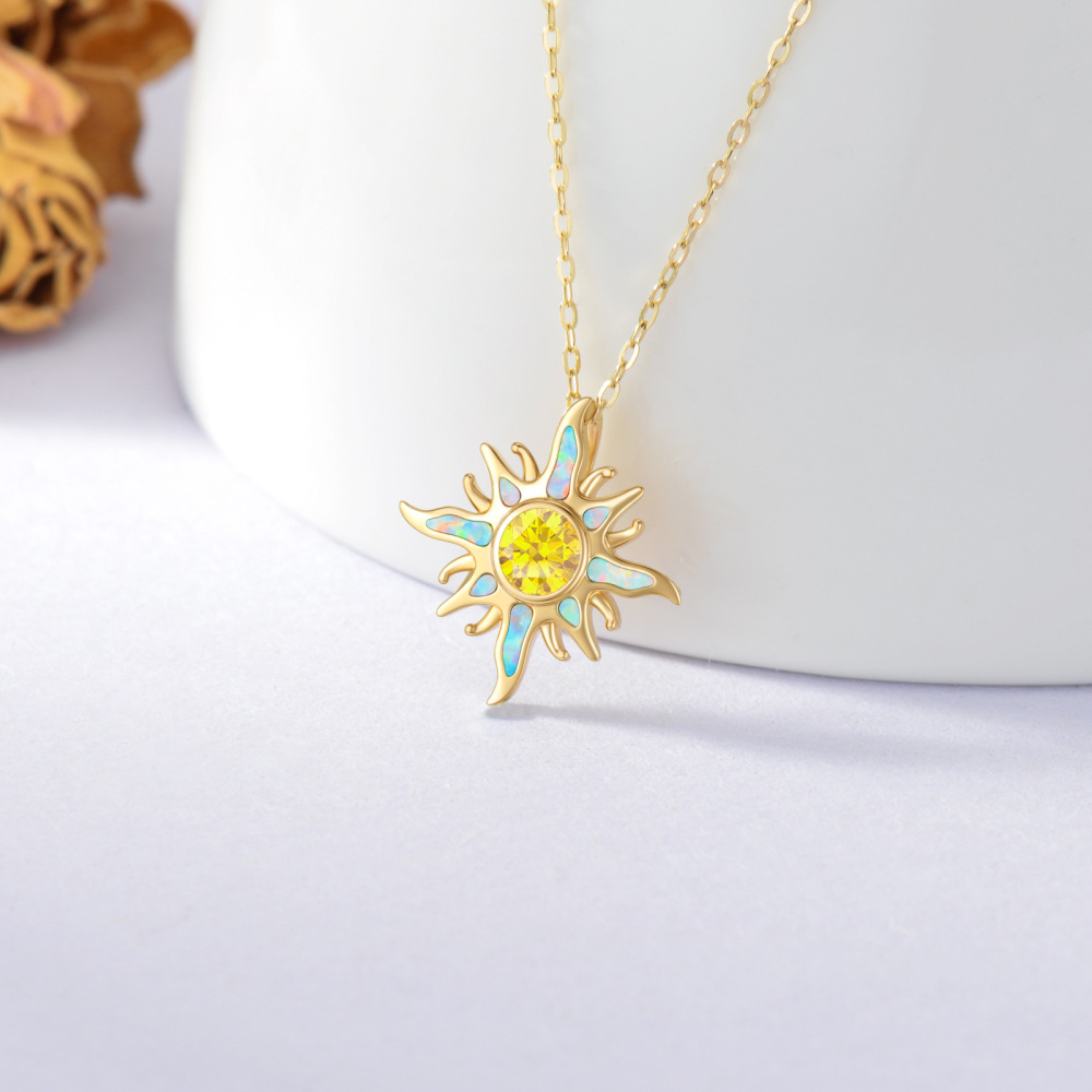 10K Gold Cubic Zirconia & Opal Sun Pendant Necklace-4