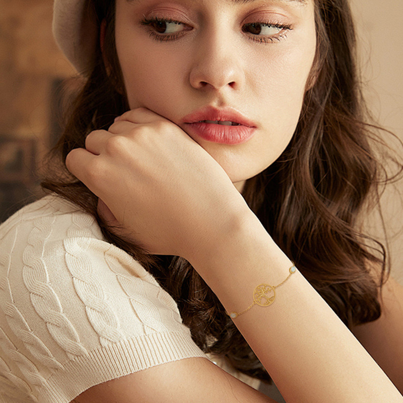Pulsera de oro de 10 quilates con árbol de la vida y ópalo para mujer-2