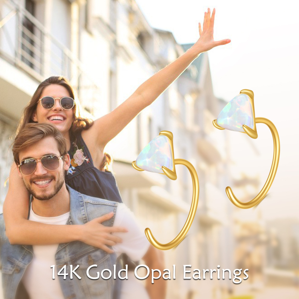 10K Gold Opal Triangle Hoop Earrings-6