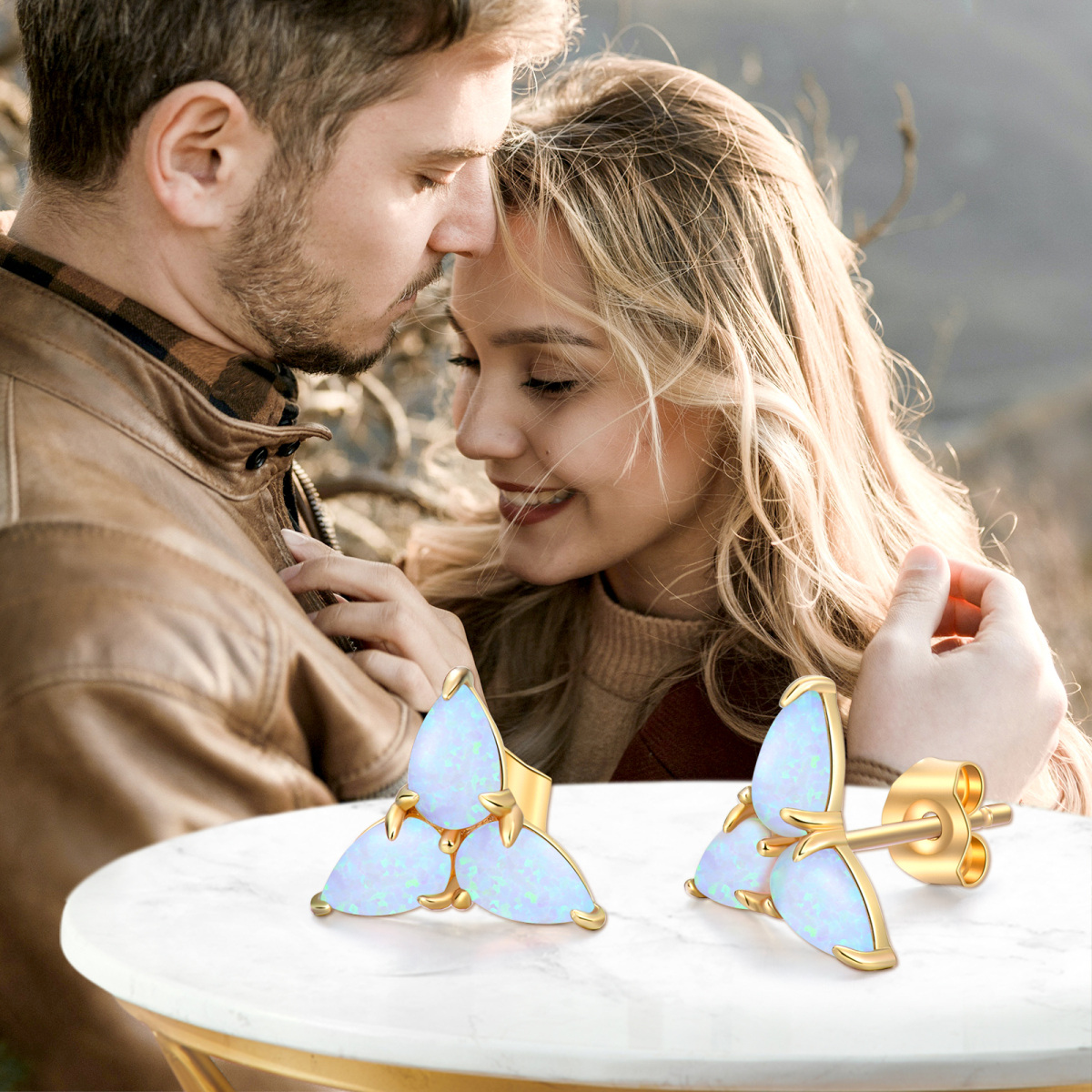 14K Gold Opal Triangle Stud Earrings-3