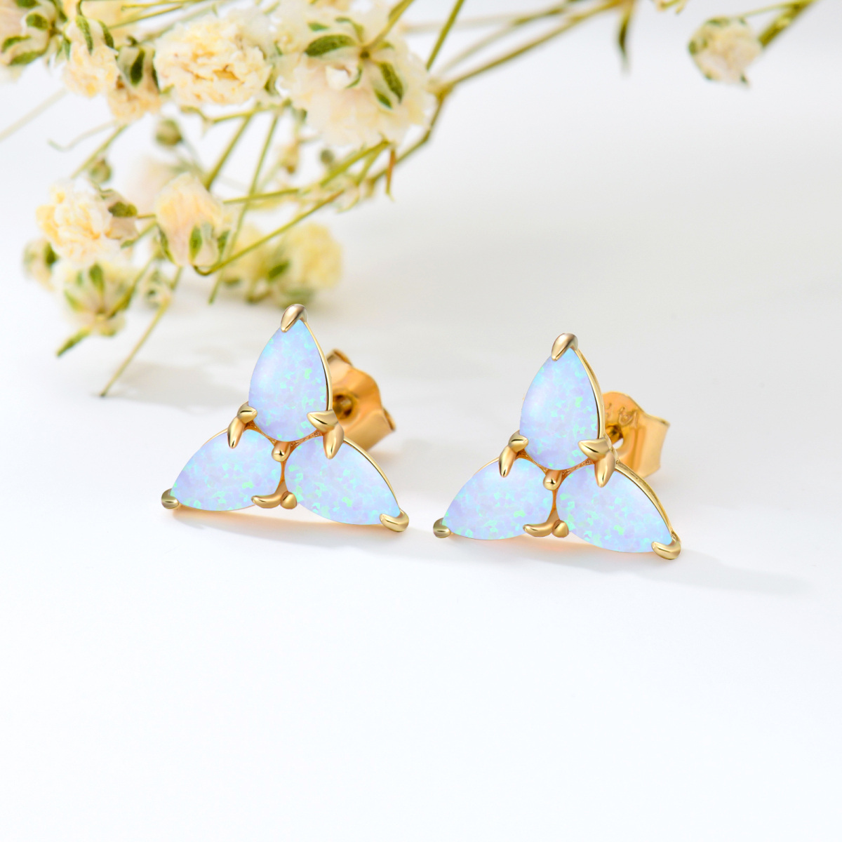 14K Gold Opal Triangle Stud Earrings-4