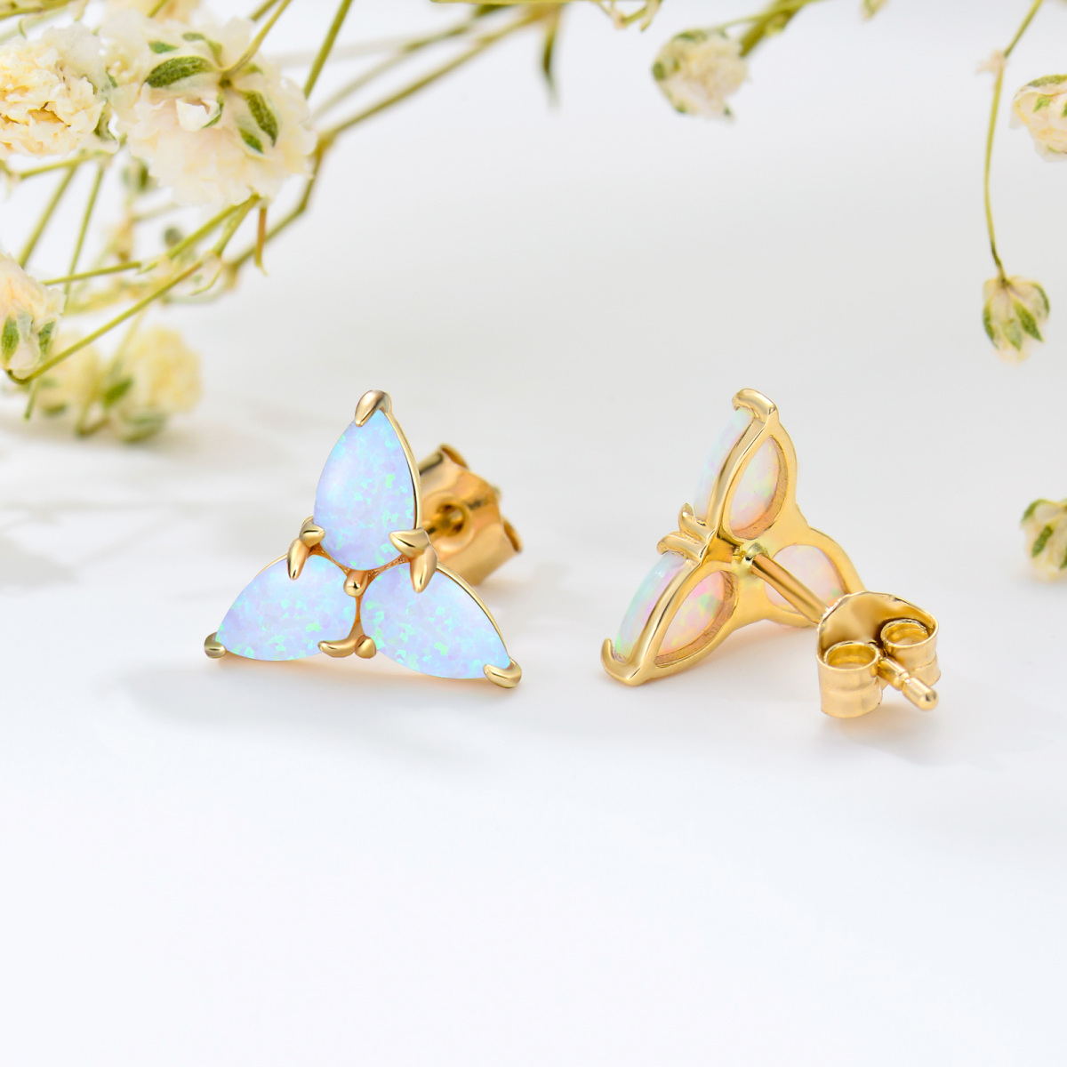 14K Gold Opal Triangle Stud Earrings-5