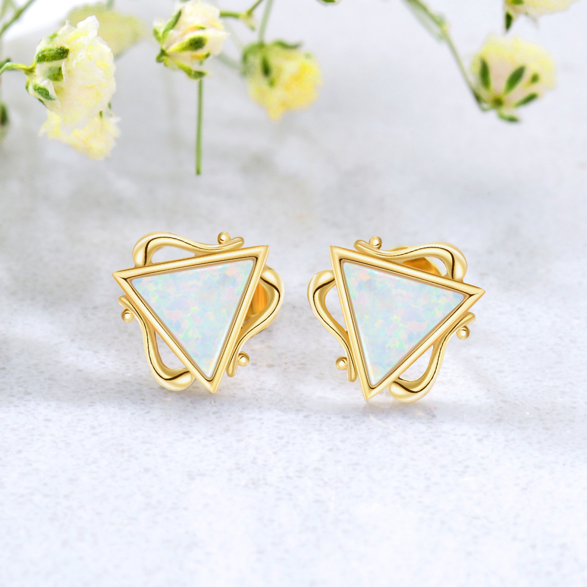 10K Gold Opal Triangle Stud Earrings-3