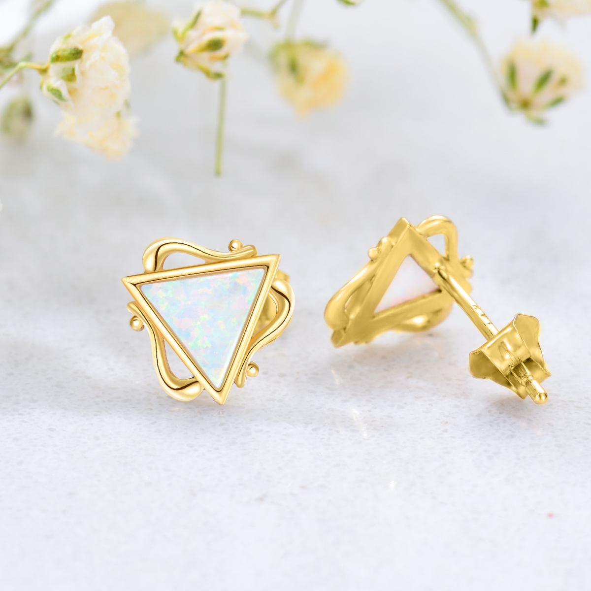 10K Gold Opal Triangle Stud Earrings-4