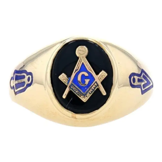 Sterling Silver with Yellow Gold Plated Oval Cut Agate Freemason Signet Ring for Men-1