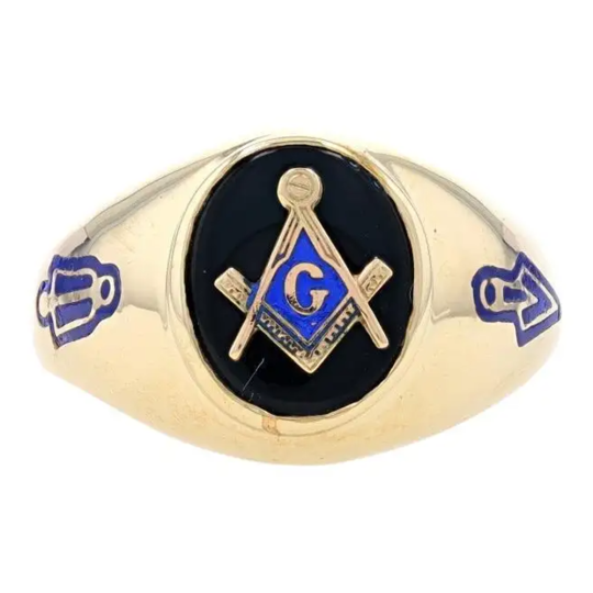 Sterling Silver with Yellow Gold Plated Oval Cut Agate Freemason Signet Ring for Men