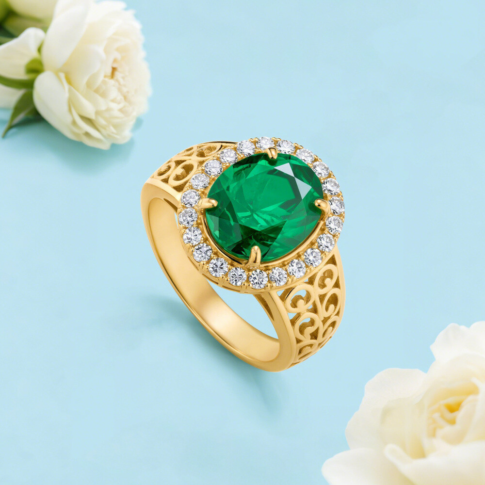 14K Gold Oval Cut Emerald Engagement Ring-4