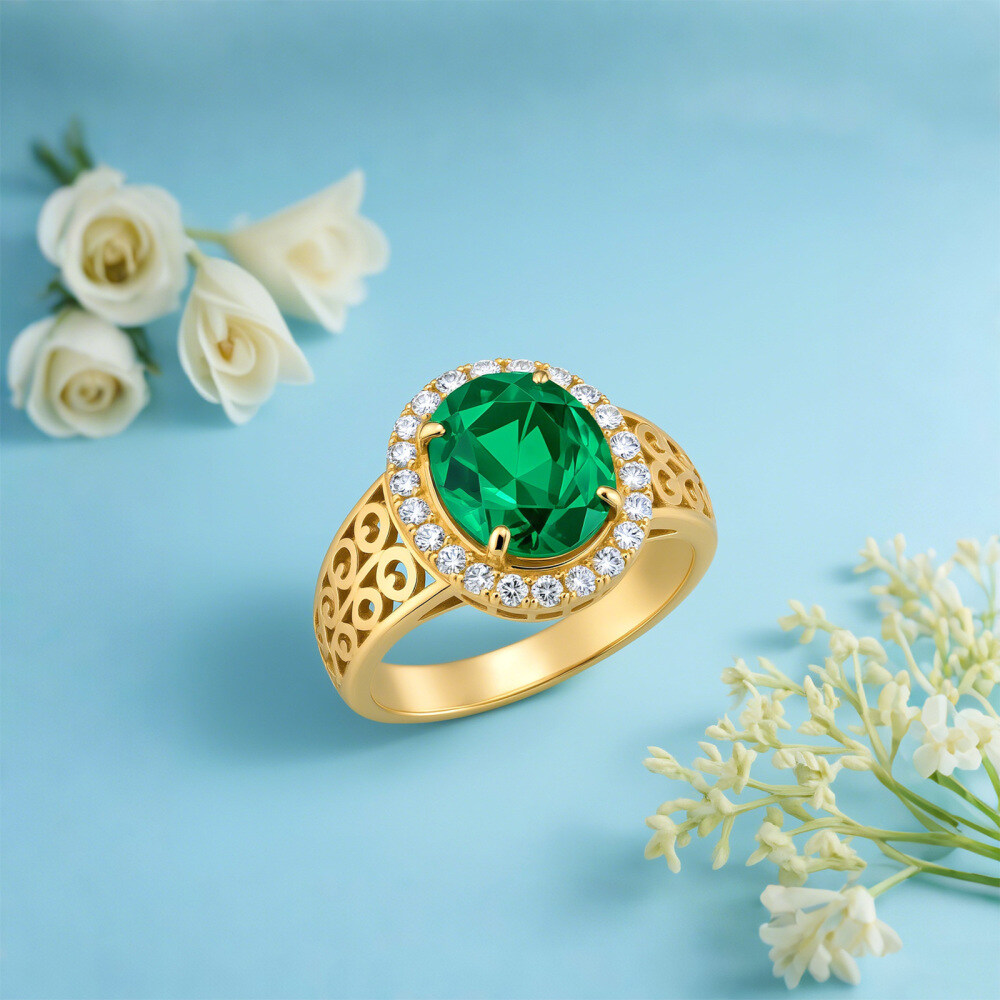 14K Gold Oval Cut Emerald Engagement Ring-5