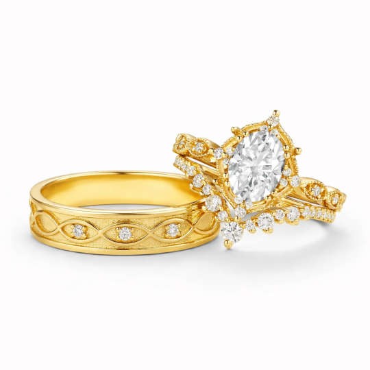 Anillos de pareja de oro de 14 quilates con moissanita de corte ovalado