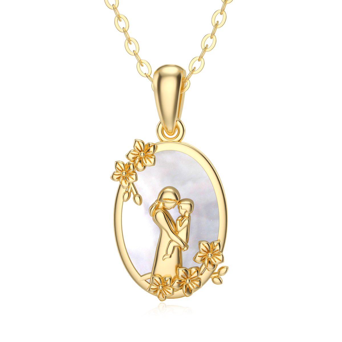 14K Gold Oval Shaped Abalone Shellfish Mother & Daughter Pendant Necklace-1