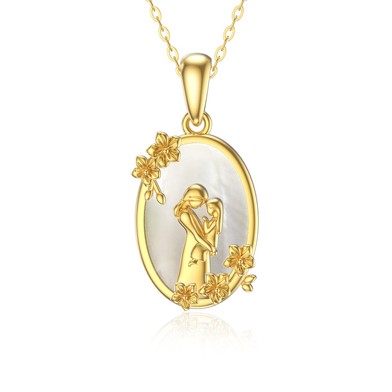 10K Gold Oval Abalone Shellfish Cubic Zirconia Parents & Children Pendant Necklace For Mother-16