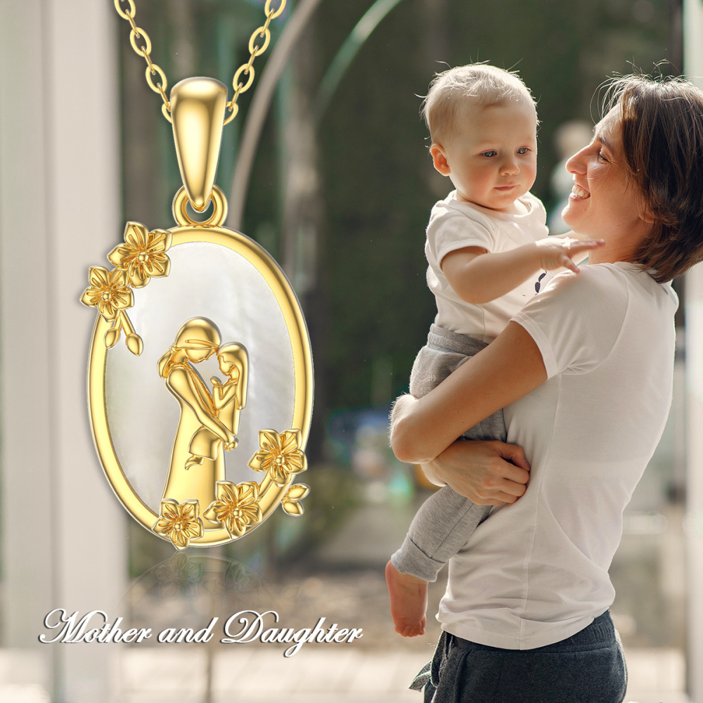 Halskette mit ovalem Abalone-Schalentier-Kubikzirkonia-Anhänger aus 10-karätigem Gold für Eltern und Kinder für Mutter-3