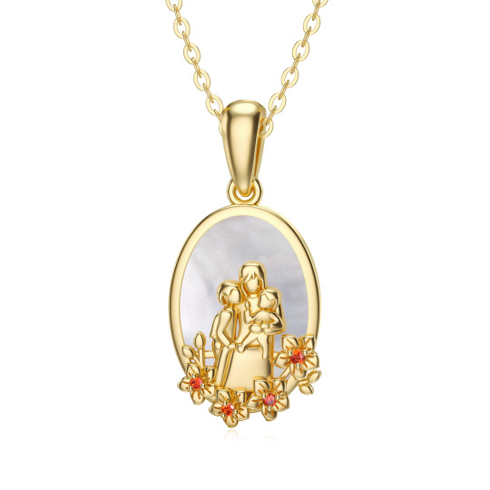 14K Gold Oval Abalone Shellfish Cubic Zirconia Parents & Children Pendant Necklace For Mother