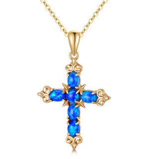 10K Gold Oval Shaped Blue Opal Cross Pendant Necklace-42