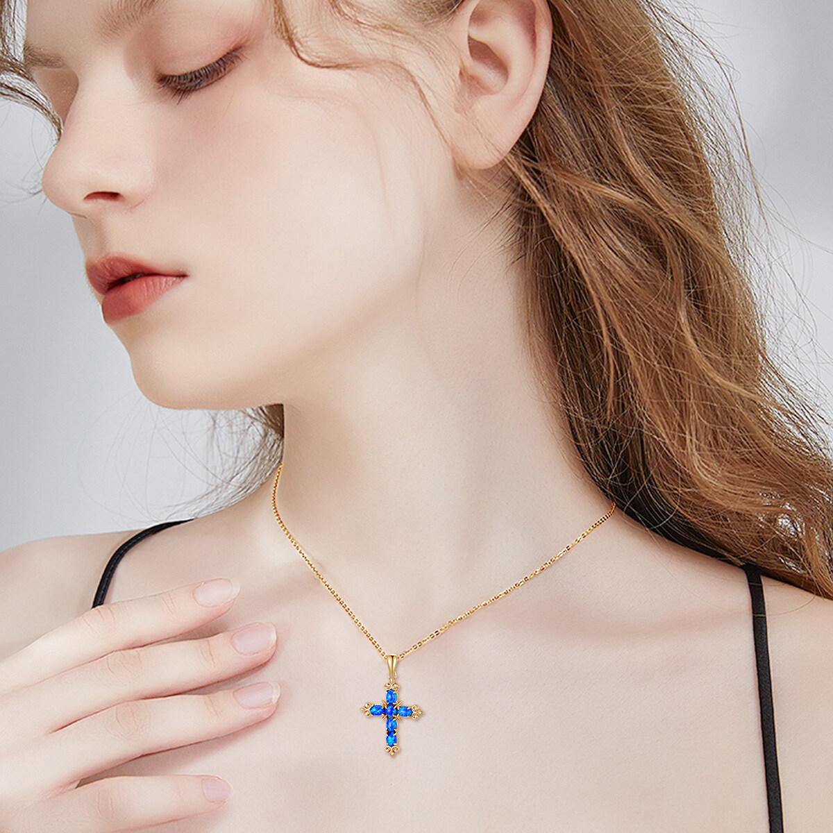 14K Gold Oval Shaped Blue Opal Cross Pendant Necklace-2