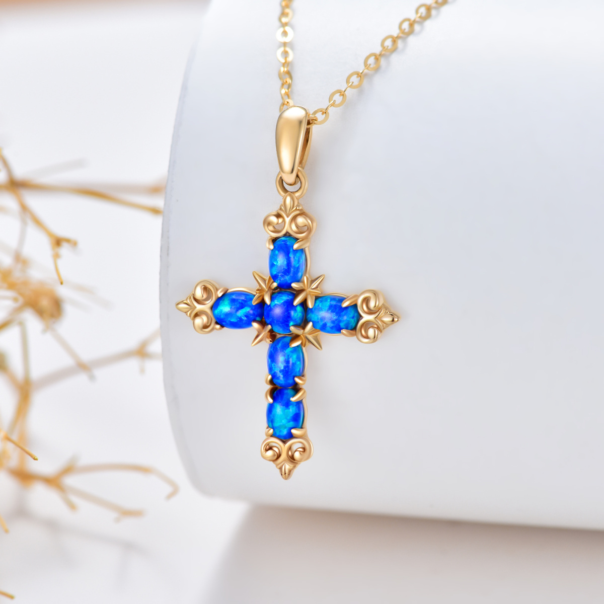 14K Gold Oval Shaped Blue Opal Cross Pendant Necklace-3