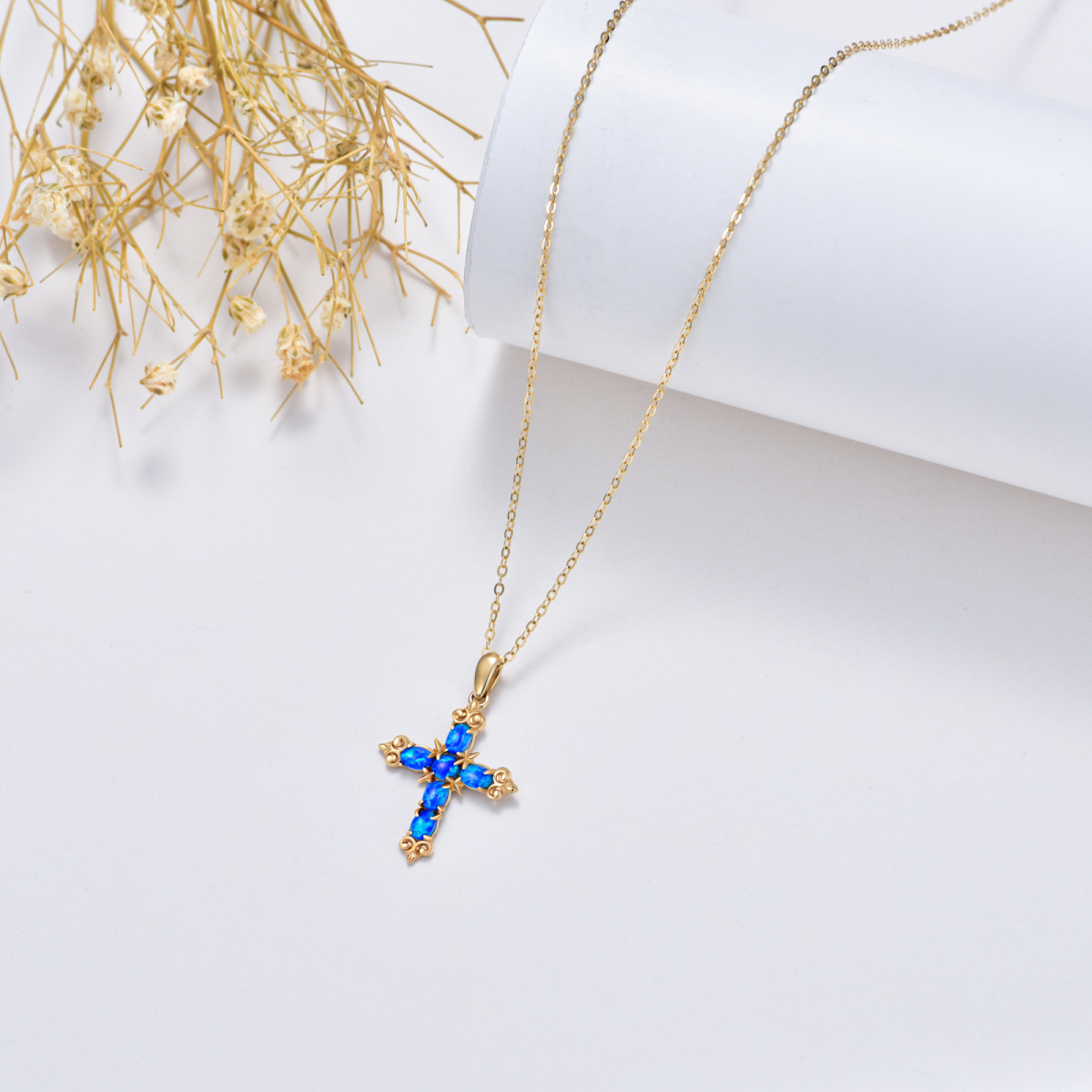 14K Gold Oval Shaped Blue Opal Cross Pendant Necklace-4