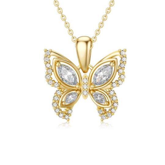 14K Gold Oval Shaped Cubic Zirconia Butterfly Pendant Necklace