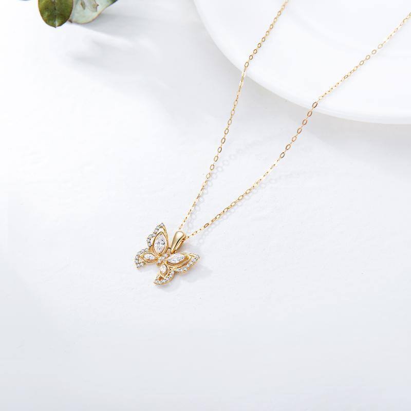 14K Gold Oval Shaped Cubic Zirconia Butterfly Pendant Necklace-4