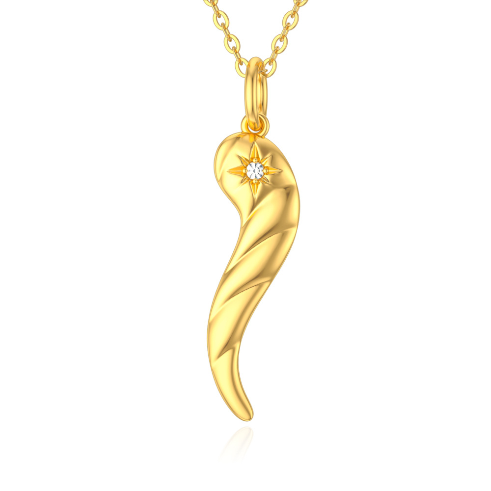 10K Gold Oval Shaped Cubic Zirconia Feather Pendant Necklace-1