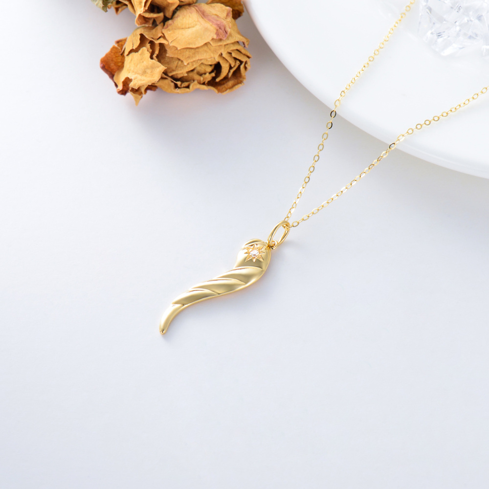 10K Gold Oval Shaped Cubic Zirconia Feather Pendant Necklace-3