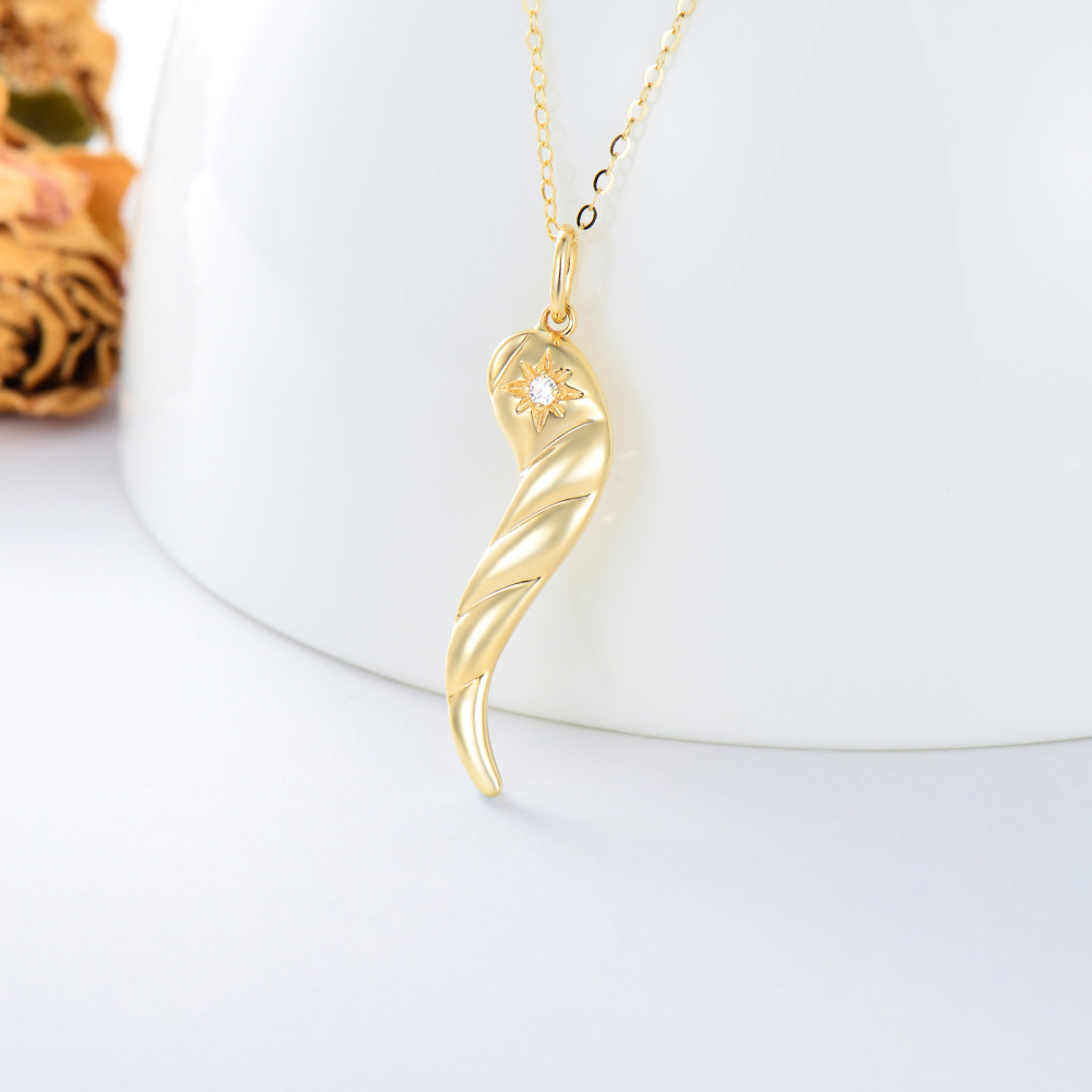 10K Gold Oval Shaped Cubic Zirconia Feather Pendant Necklace-4
