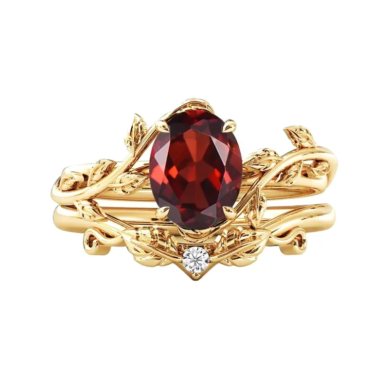 14K Gold Oval geformt Granat Efeu Verlobungsring