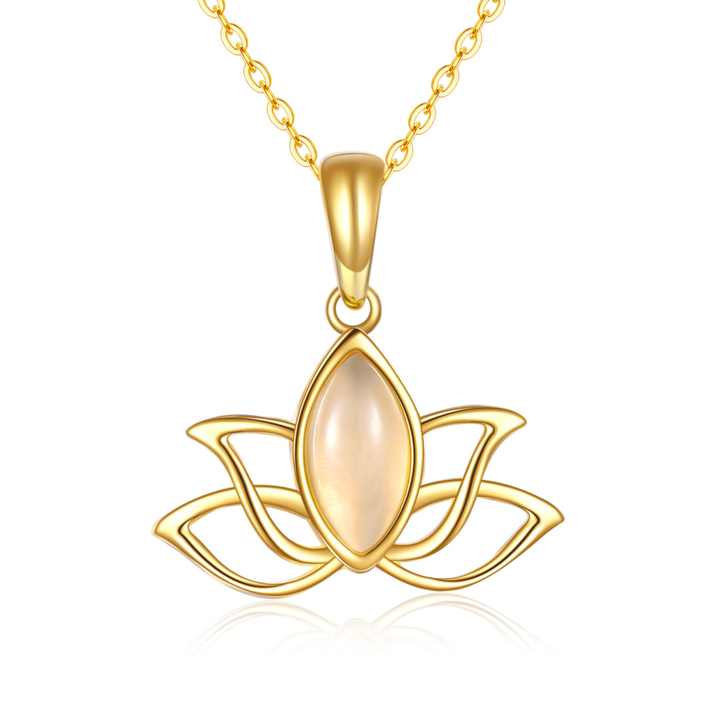 10K Gold Oval Shaped Jade Lotus Pendant Necklace-1