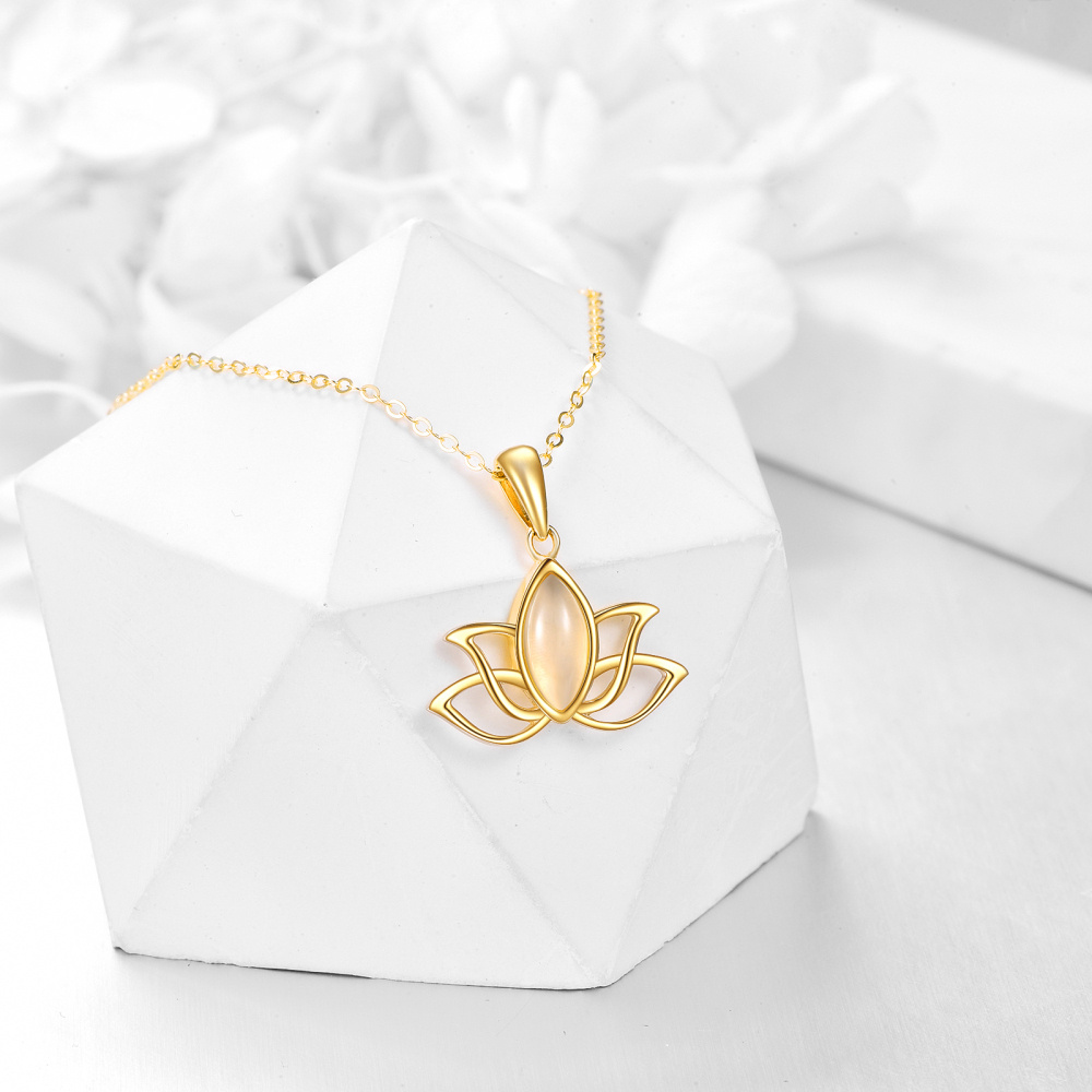 10K Gold Oval Shaped Jade Lotus Pendant Necklace-3