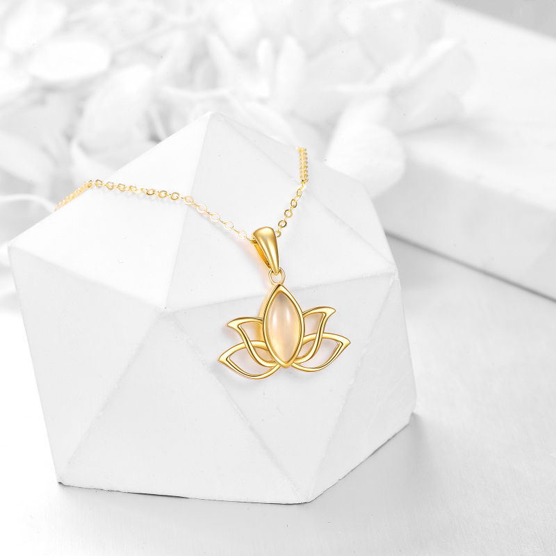 Colar com pingente de lótus de jade em formato oval em ouro 10K-3