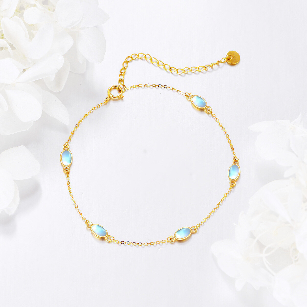 10K Yellow Gold Oval Moonstone Charm Bracelet For Women-4