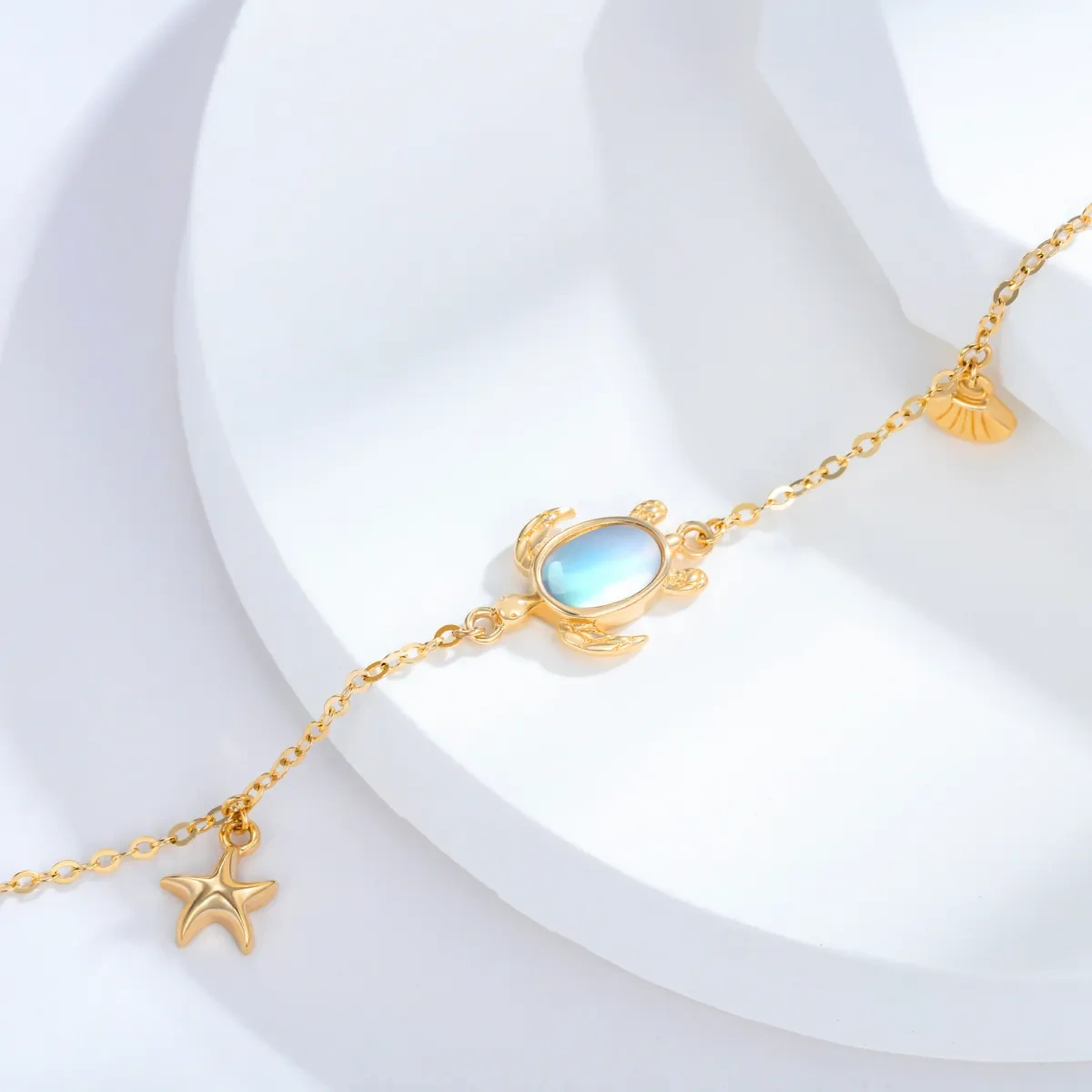 14K Gold Oval Shaped Moonstone Turtle Charm Bracelet-3