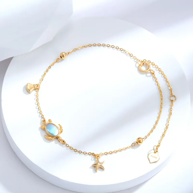 Pulseira com pingente de tartaruga de pedra da lua em forma oval em ouro 14K-4