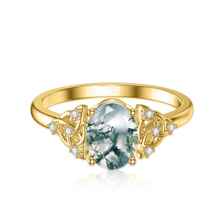 14K Gold Oval Shaped Moss Agate Personalized Engraving & Celtic Knot Ring-35