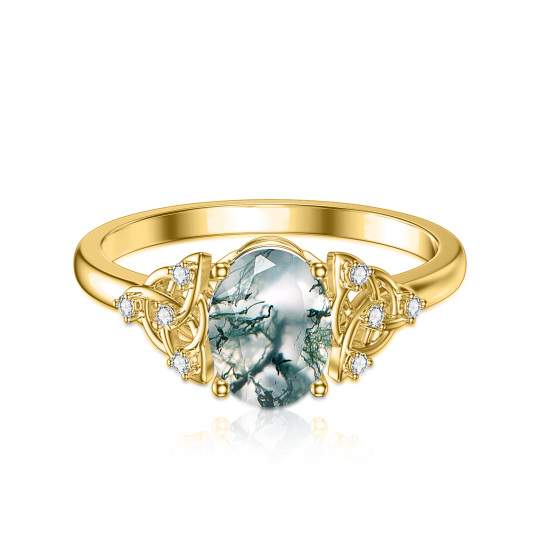 Bague en or 14K en forme d'agate mousse ovale Gravure personnalisée et nœud celtique