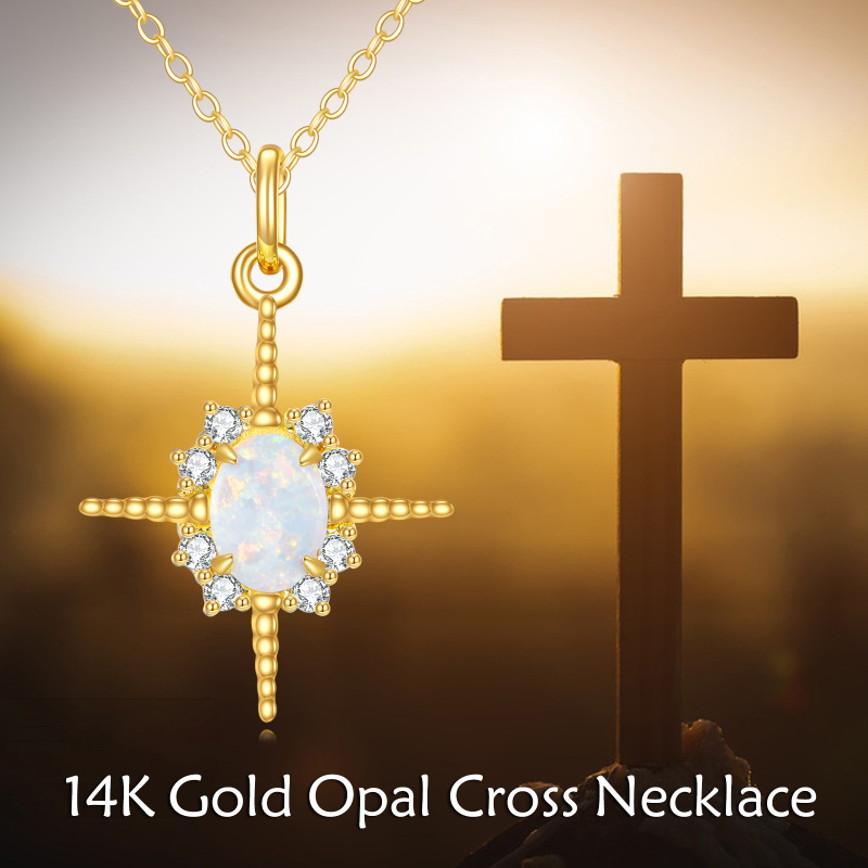 10K Gold Oval Shaped Opal Cross Pendant Necklace-6