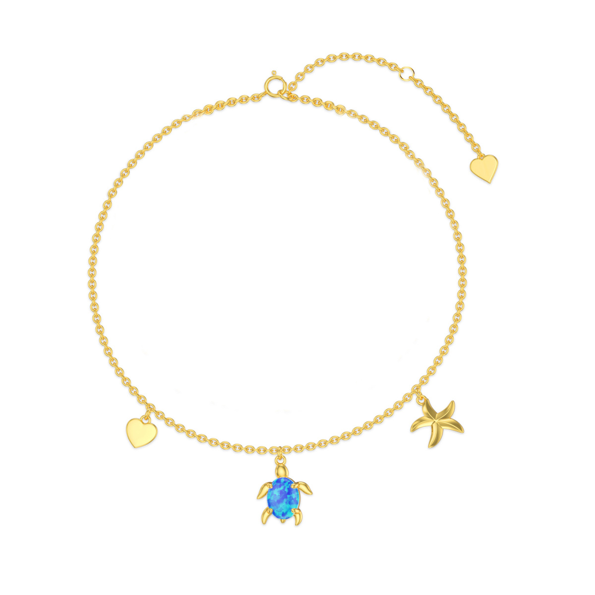 10K Gold Oval Shaped Opal Sea Turtle Starfish & Shell Anklet-1