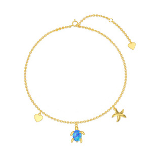 10K Gold Oval Shaped Opal Sea Turtle Starfish & Shell Anklet-15